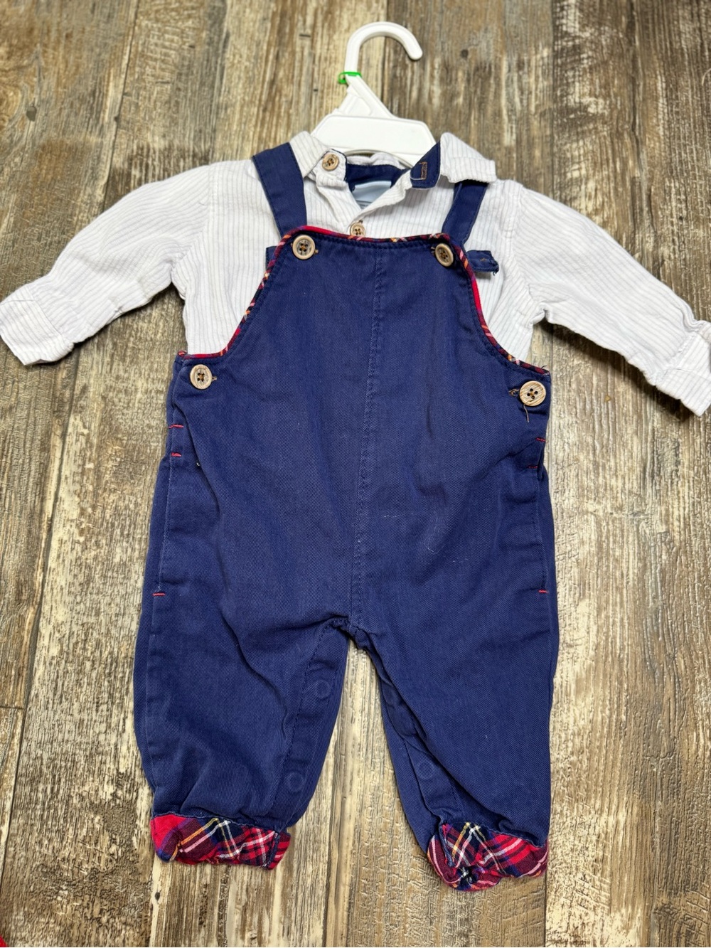 Classic Navy Baby Overalls with Plaid Trim